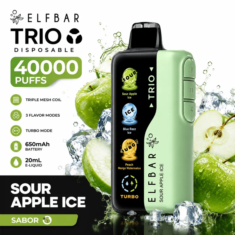 Pod descartable ElfBar TRIO 40000 Puffs Sour Apple Ice
