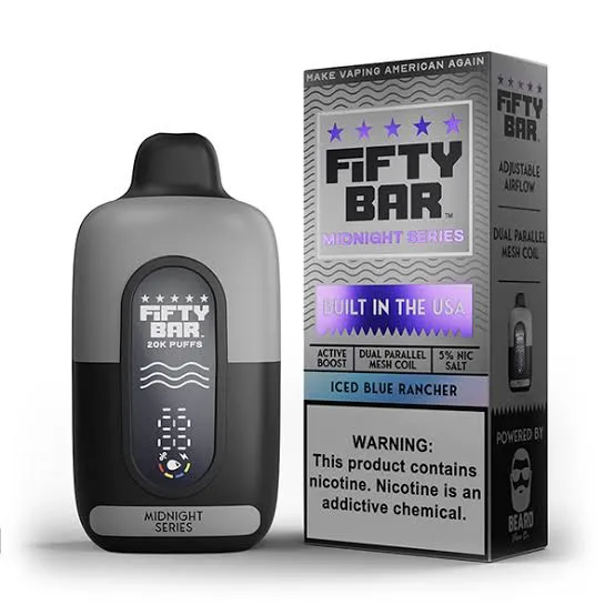 Pod descartable Fifty Bar Midnight Series 20000 puffs Iced Blue Rancher (origen USA)