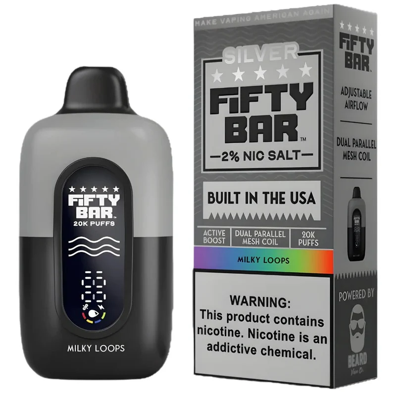 Pod descartable Fifty Bar Silver Series Milky Loops 20000 puffs 2% (origen USA)